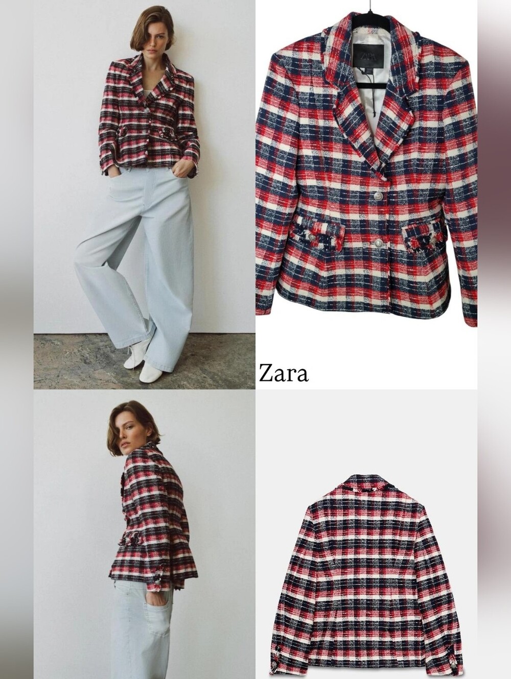 Zara ZW Woman Red White and Navy Plaid Tweed Pelham Blazer Jacket M
